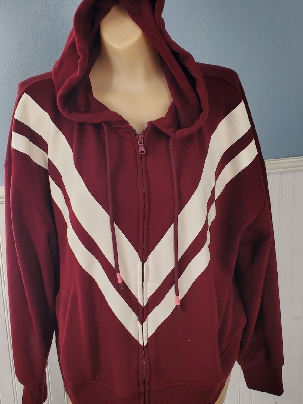 Lou & Grey Maroon Zip-Up Hoodie with White Chevron Varsity Athletic